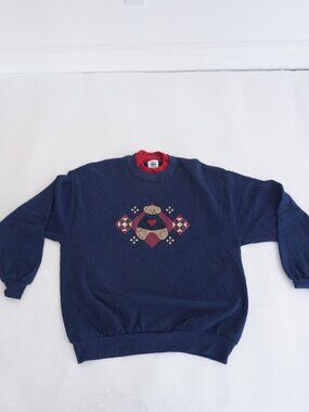 Vintage Gopher Navy Teddy Bear Patchwork Heart Quilted Cotton Sweatshirt XL